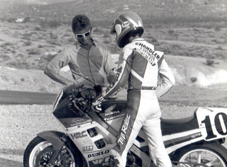 1984-Starts-training-dirtracker-Doug-Chandler-in-roadracing